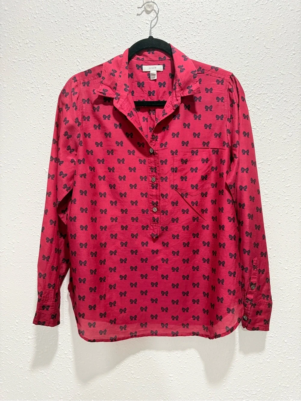 J. Crew cotton silk blend Fuchsia  Bow Print Button-Front Blouse 10
